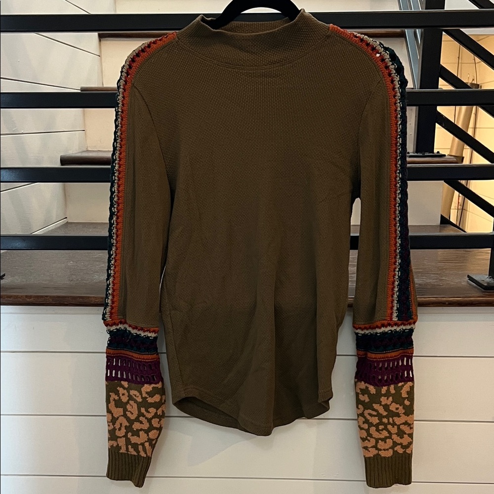 Free People Olive Knit Top with Vibrant Sleeve Details
